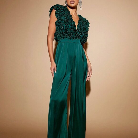 Green Party Women's Plunging Neck Ruffle Wide Leg Jumpsuit - Picture 4 of 6